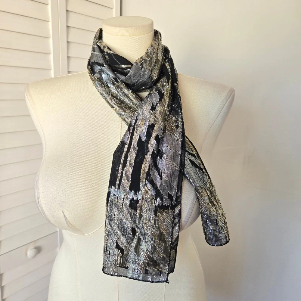 Black Metallic‎ Sheer Scarf Wrap Abstract Shimmer Evening Y2K Glam